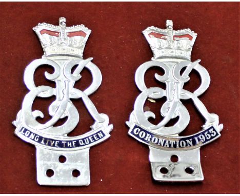 Chrome Car Badges - Two Quality Badges 'Coronation 1953' and 'Long Live The Queen' on blue and red enamel.