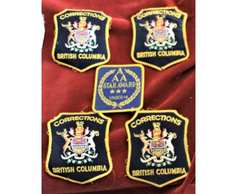 Canadian Corrections Officers Cloth Arm Patches (British Columbia) and an AAA Star Award patch for under 14's. (5 patches tot