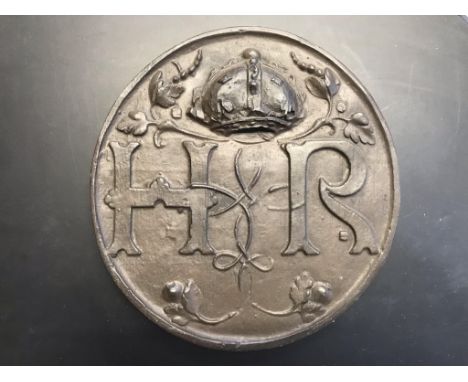 Wall Plaque "H &amp; R" 8.5 inches circular round shape, regal crown and floral acorn motif could be used indoor or out, gard