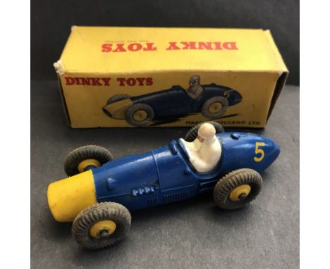 Dinky Toy Ferrari Racing Car Model 23H Blue/Yellow nose. Played, worn, boxed. MU £50 Issued 1953