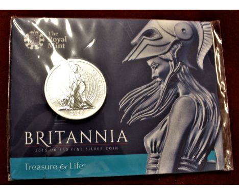 Great Britain 2015 £50 silver coin, The first ever £50 coin depicting Britannia. BUNC in Royal Mint pack of issue. The revers