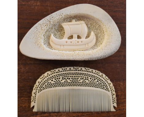 Chinese Bone Comb and paperweight, the comb having cranes caved and the other piece with a ship. A nice pair of Chinese bone 