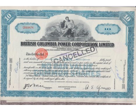 Bonds/Share 1928 British Colombia Power Corporation Limited a batch of Share Certificates, 1 dollar to 50 dollars. Allegorica