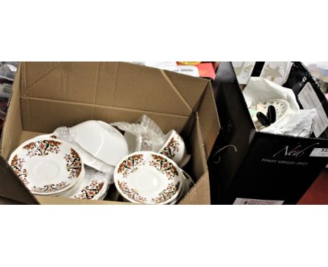 Colclough part tea set, a Copeland blue and white cup and saucer, small bisque doll  movable limbs, 5 glass dishes &amp; 1 gl