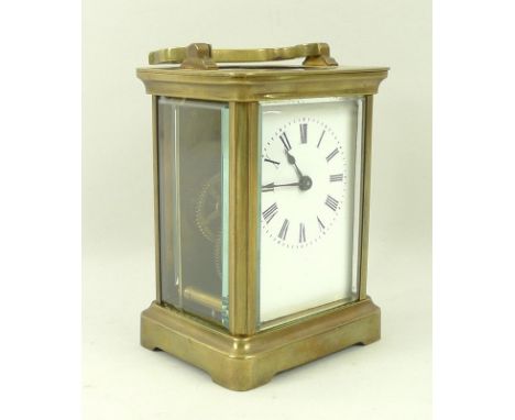 An eight day French brass carriage clock, with cylinder platform escapement, white enamel dial and Roman numerals, circa 1880