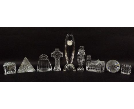 A collection of Waterford glass figurines, 20th century, comprising John Rocha designed clock, 23cm, toy soldier, 1st edition