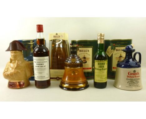 Whisky: a collection of fine spirits, comprising two 75cl decanters of Bells Extra Special Christmas Whisky, boxed, a stonewa