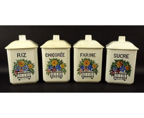A set of four F Fleure ceramic square form storage jars, labelled 'Sucre', 'Chicoree', 'Farine', and 'Riz', circa 1950s, in c