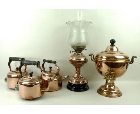 A group of copper wares, comprising two early electric kettles, by Bulpitt & Sons, patent number 447987, Swan Brand, a furthe