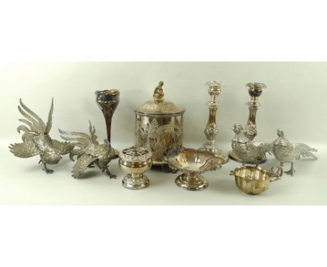 A collection of plated wares, comprising a biscuit barrel with putti finial, a pair of candlesticks, 22cm, a rose bowl, 8cm, 