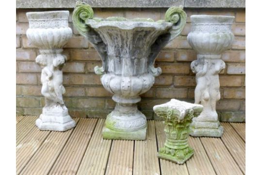 A Pair Of Modern Concrete Jardiniere Stands With Lobed Bowls Raised By Three Cherubs Standing On