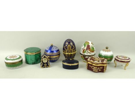 A collection of porcelain, enamel and malachite boxes, 20th century, comprising Halcyon Days Enamels Gilbert Collection snuff