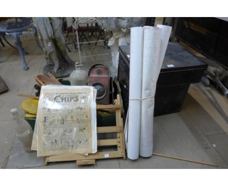 Two deed boxes, a railway lamp, movie posters, bottles, etc. 