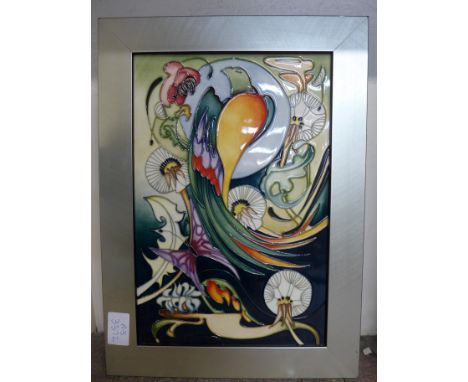 A framed Moorcroft decorative pottery tile designed by Emma Bossons, dated 2007