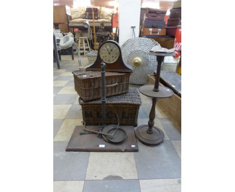 Two wicker baskets, an oak mantel clock, a smokers stand and a set of weighing scales 