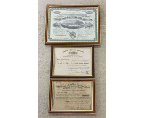 3 framed & glazed share certificates: 1) Norfolk Estuary Company 1847. 2) Hertfordshire & South Wales Agricultural Manure and