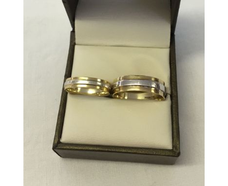 Ladies & gents matching 9ct yellow and white gold wedding bands. Sizes O½ and K. Total weight approx 6.8g.