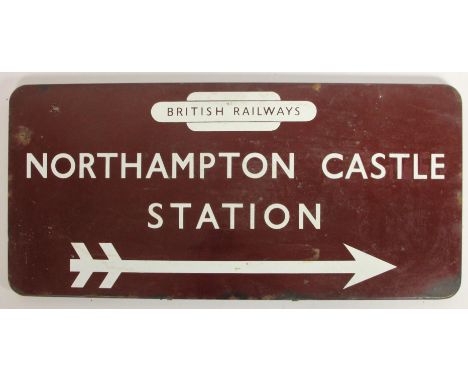 A maroon British Railway flanged enamel sign Northampton Castle, 33 x 71 cm