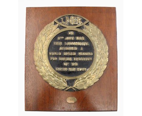 A limited edition brass and black enamel LNER plaque commemorating the Mallard World Speed Record, No. 62/250, 43 x 42 cm The