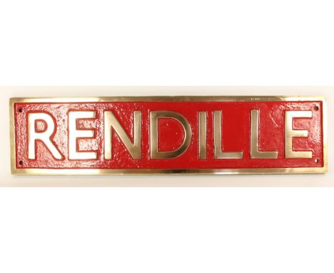 A brass East African railway steam locomotive nameplate 'Rendille' from a 2-8-4 tender engine, built at Vulcan works (Newton-