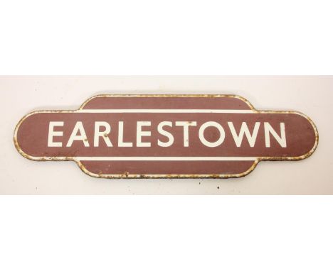 A B.R.(M) maroon enamel 'Earlestown' half flanged totem, 25 x 90 cm From the former London &amp; North Western and Great West