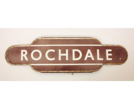 A maroon B.R.(M) enamel 'Rochdale' half flanged totem, 25 x 90 cm From the former Lancashire and Yorkshire Railway station be