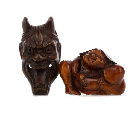 JAPANESE EROTIC NETSUKE,modelled as a seated gentleman with oversized phallus, 5cm wide, along with another netsuke formed as