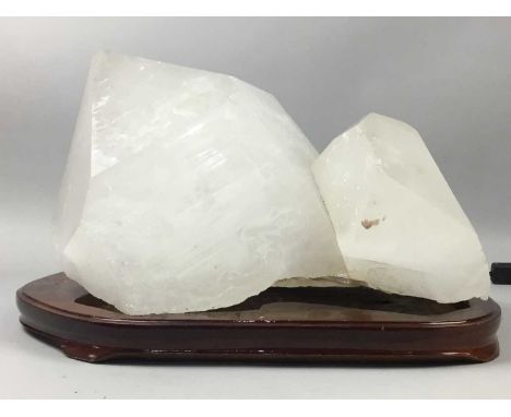 QUARTZ SPECIMEN TABLE LAMP,mounted on wooden base, 45cm wide