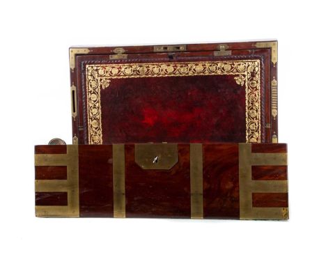 19TH CENTURY BRASS BOUND MAHOGANY WRITING SLOPE,the hinged cover with central cartouche inscribed 'Mr James Todd', opening to