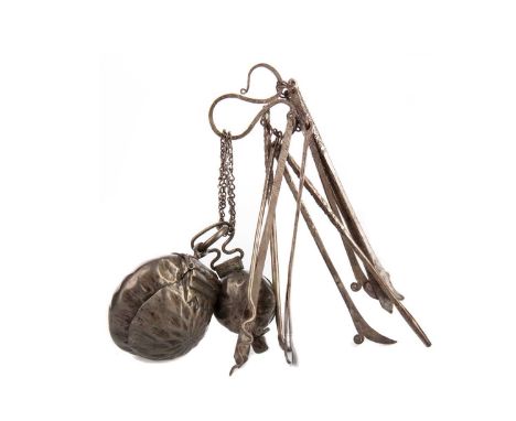 SET OF LOCK PICK'S TOOLS,circa 19th century, comprising nine tools and two small boxes, all attached to a hoop suspension, wi