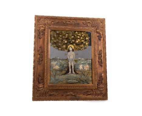 GERMAN REVERSE PAINTED MIRROR,wheel-engraved and decorated with an image the martyrdom of St. Sebastian, in gilt-wood frame, 