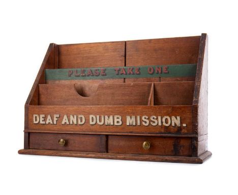 'DEAF AND DUMB MISSION' MAHOGANY LEAFLET RACK,with further painted inscription 'PLEASE TAKE ONE...', with dividers over two f