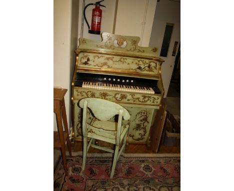 A Victorian decoratively painted harmonium and matching chair, 108cm wide