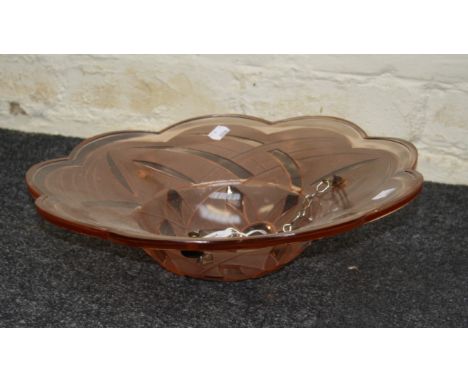 A circa 1930's French pink tinted and clear glass ceiling light shade of petal form with daisies, moulded signature, 41cm