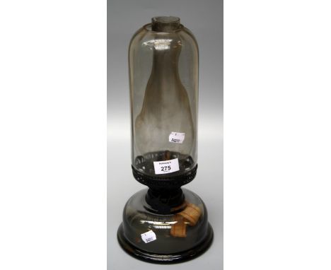 A mid 20th century Duplex paraffin storm lantern with clear glass domed reservoir and cylindrical shade, 37cm