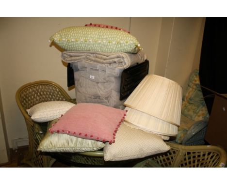 Two pairs of 205cm drop, lined and inter-lined oatmeal curtains, quantity of scatter cushions and two pairs of pleated cream 