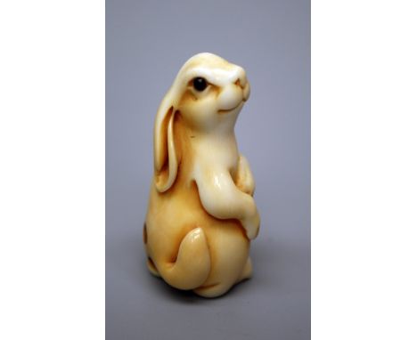 A carved tagua nut netsuke of a seated smiling rabbit, with glass bead eyes, signed to hind leg, 4cm