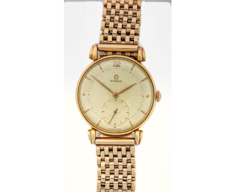A gentleman's 9ct gold Omega wristwatch, brushed champagne dial, baton numerals, subsidiary seconds  at six o'clock, manual w