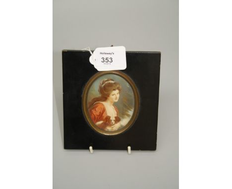 A 19th century portrait miniature of Lady Hamilton after G Romney, 9 x 6.5cm oval, in ebonised frame with acorn suspension lo
