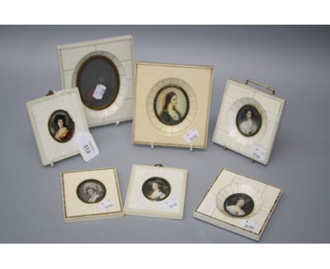 Six early 20th century Italian portrait miniatures, each of a beauty, oval in ivory frames, together with one other frame, 15