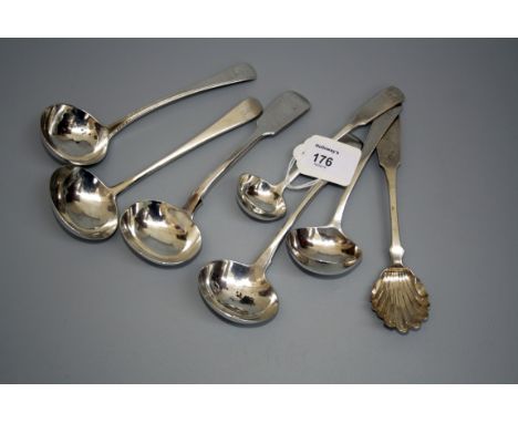 A George III fiddle pattern Scottish sauce ladle, maker's mark A. H. a George III Old English pattern sauce ladle crest engra