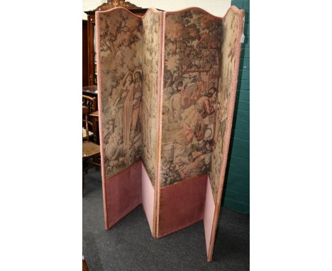 A Victorian four panel dressing screen, later upholstered in loom woven Flemish tapestry and salmon plush, 178 x 200cm