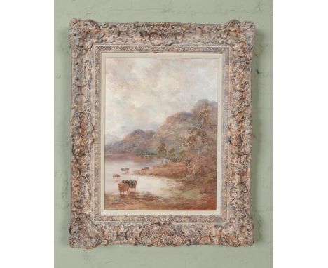 Prudence Turner (1930-2007) an ornate framed oil on canvas, Scottish highlands with cattle. 39cm x 29cm.  Canvas very clean a