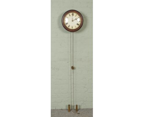 A 19th century postman alarm wall clock with two-train movement, 27cm diameter dial, brass coated cast-iron weights and pendu