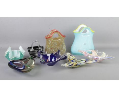 A collection of art glass, to include Sabina handbags, handkerchief vase and 'Splatter' glass triangular dish.