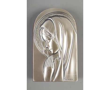 Luigi Pesaresi, a silver on wood religious easel plaque depicting Mary. Height 9cm, Width 5.5cm.