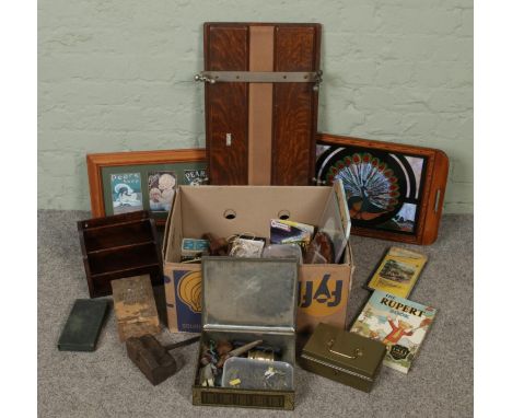 A box of miscellaneous. Includes The Rupert Book 1941 facsimile, students microscope, butterfly tray (AF), brass escutcheons,