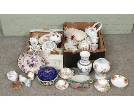 Two boxes of mixed ceramics, various makers Masons, Royal Crest, Aynsley etc, including decoration porcelains, vintage plates