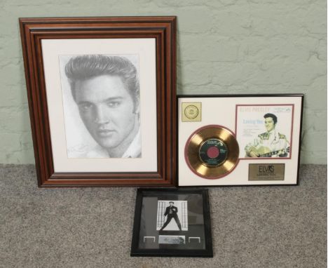 A collection of framed Elvis Presley memorabilia to include Jonathan Wood print of a pencil sketch portrait, limited edition 