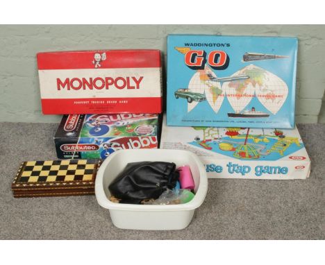 Mixed of vintage board games, including wooden Chess set with metal Chess pieces, vintage Mouse Trap Game, Monopoly, Subbuteo